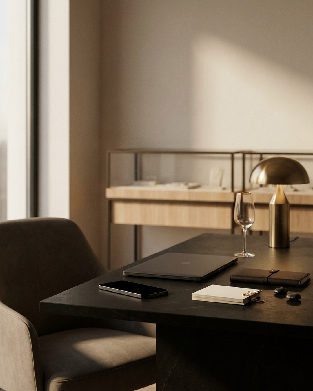 A refined desk in a jewellery showroom at golden hour