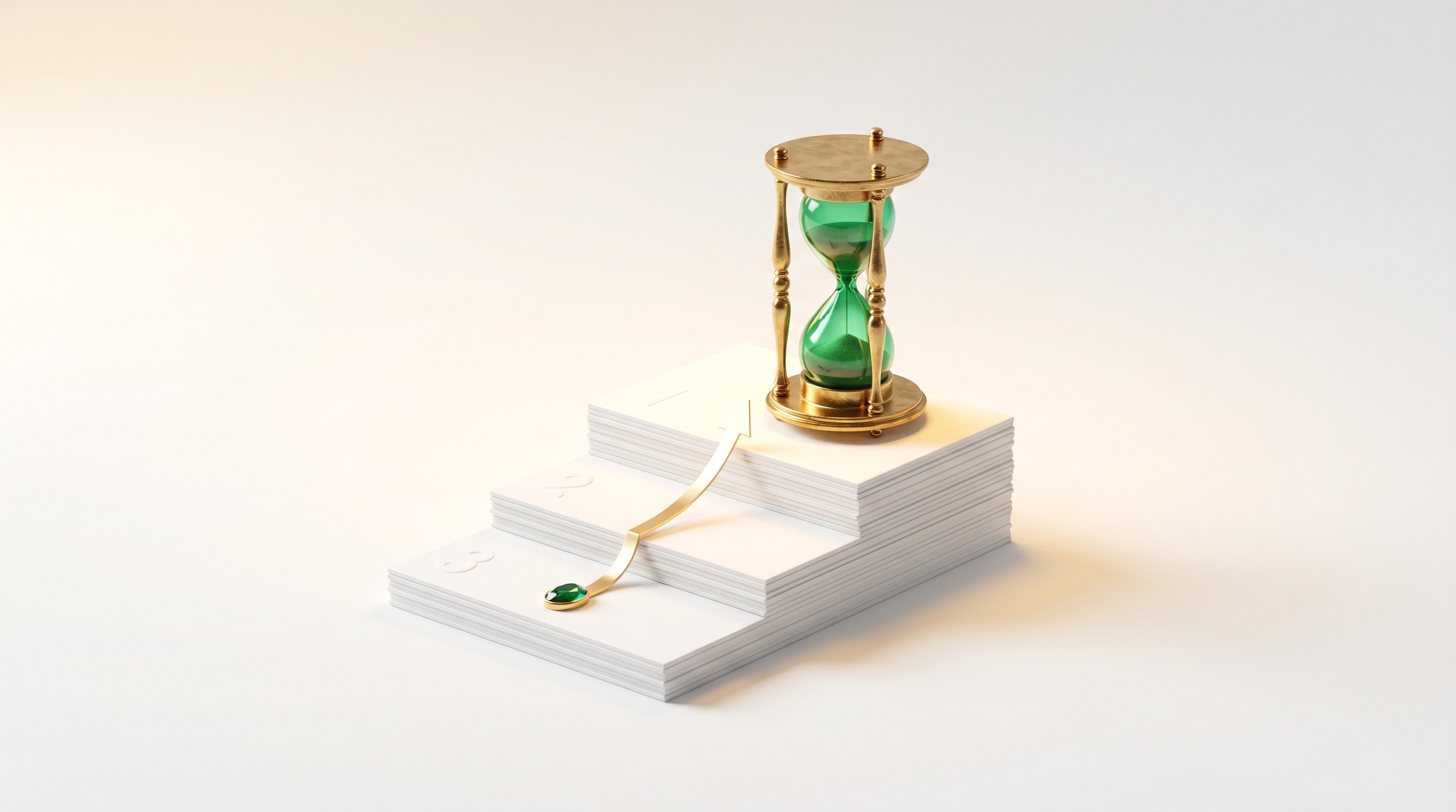 A refined antique object rising up a clean ranked list, with a subtle gold upward arrow.