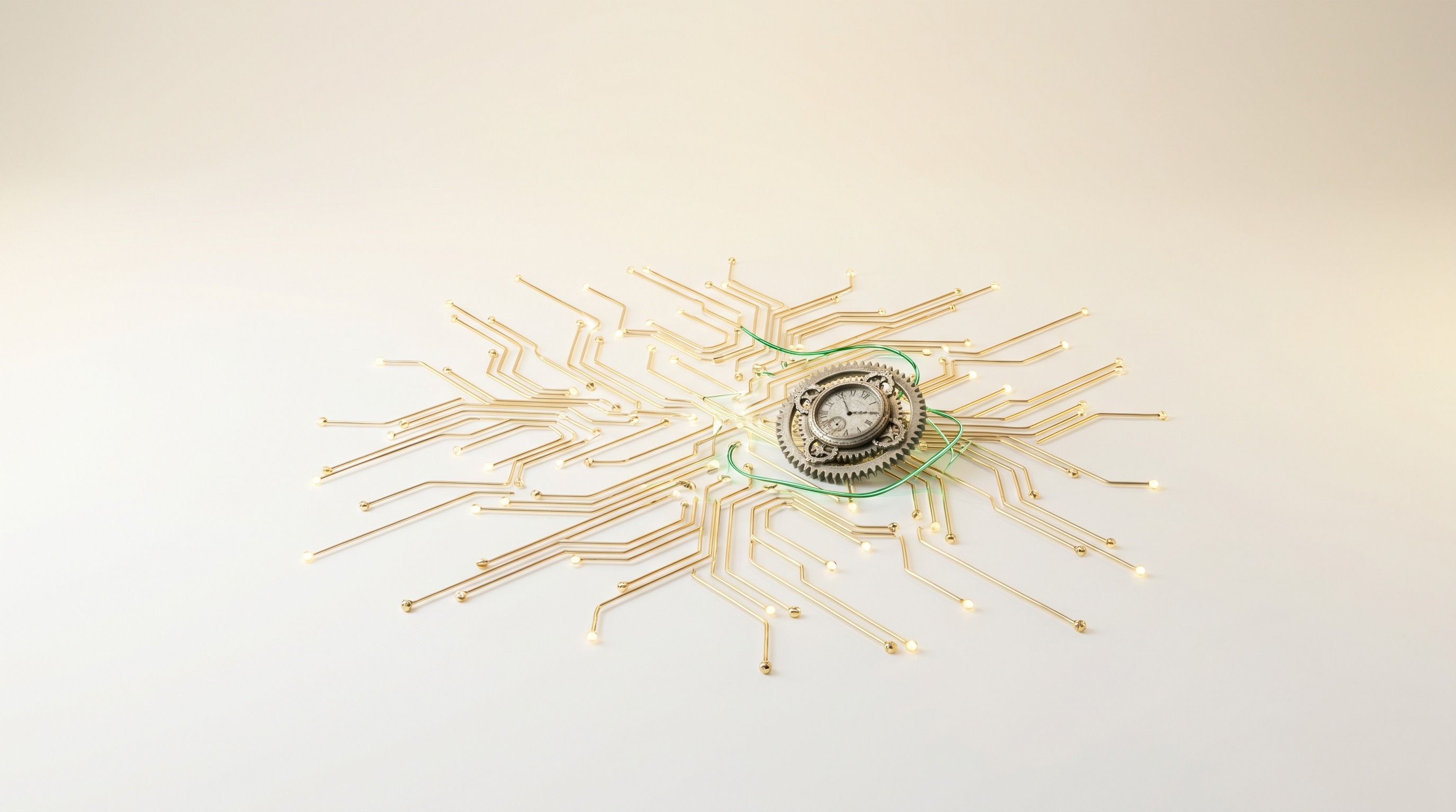A calm automation network in gold and emerald with an antique silver motif.