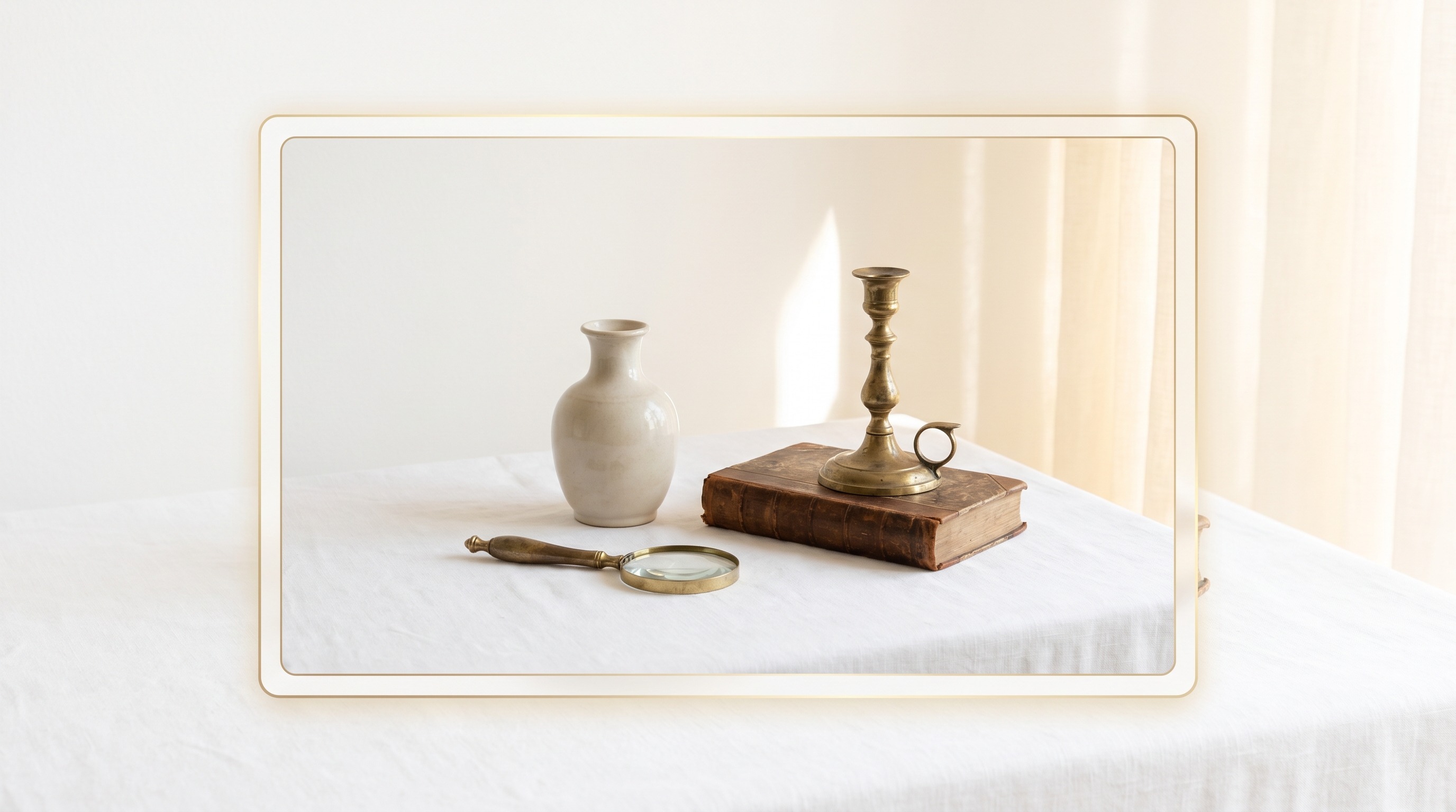 A countryside antiques aesthetic in a clean elegant website frame with gold detailing.