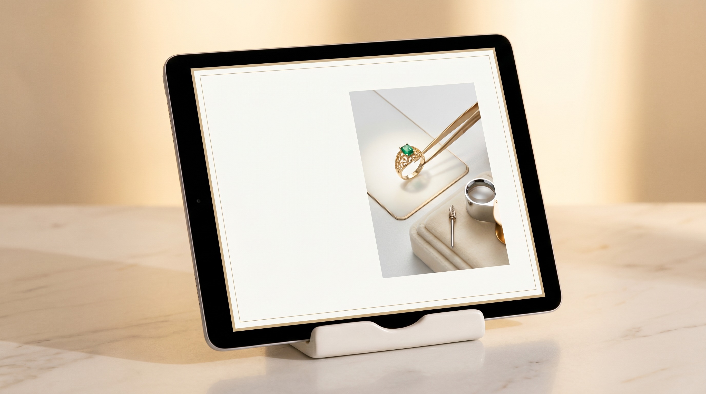 A jewellery repair workshop aesthetic in a clean web frame with fine tools.