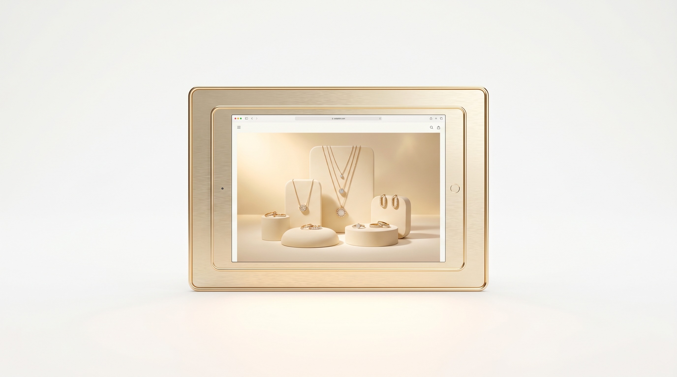 An elegant jewellery brand website in a refined frame with thin gold detailing.