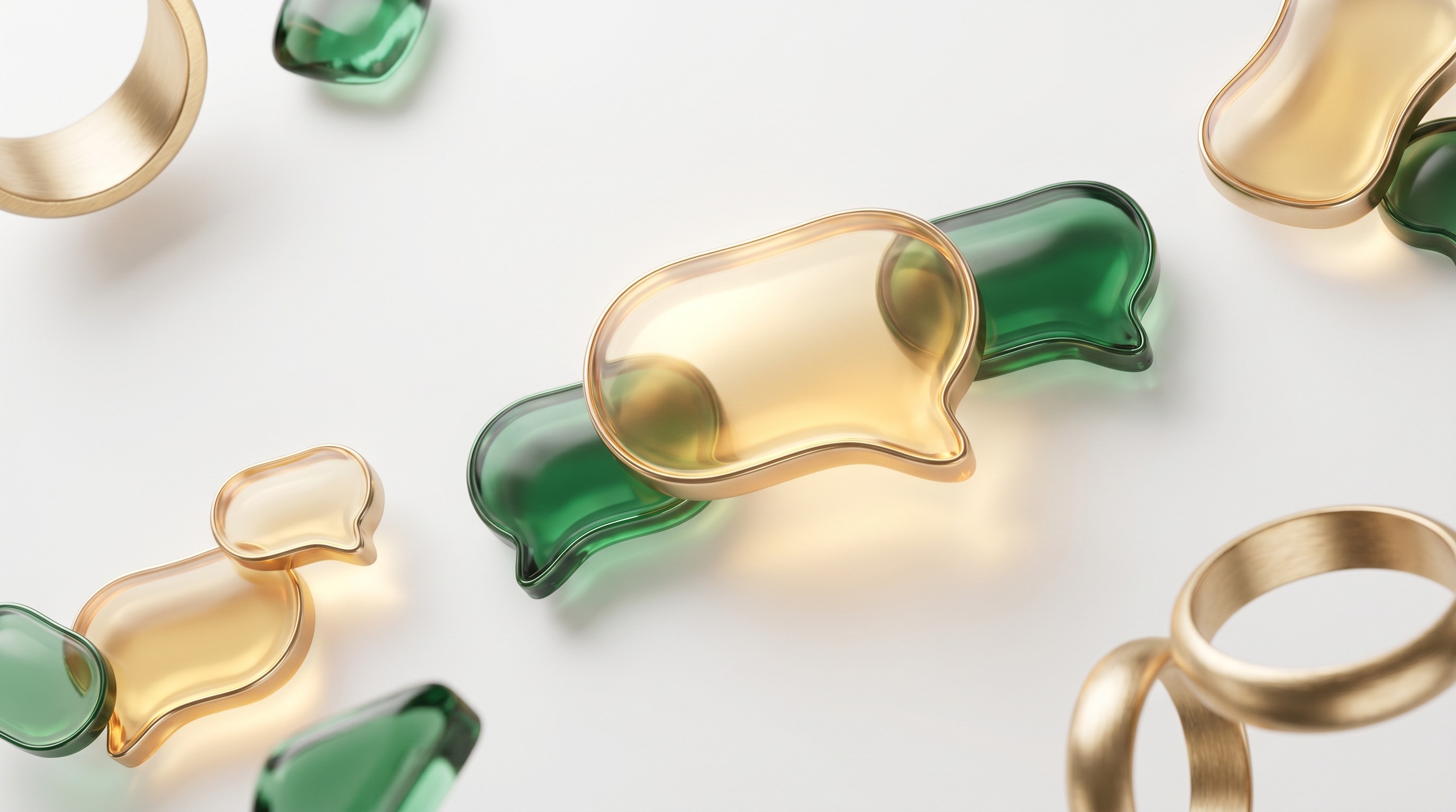 Elegant chat bubbles flowing automatically in gold and emerald over white.